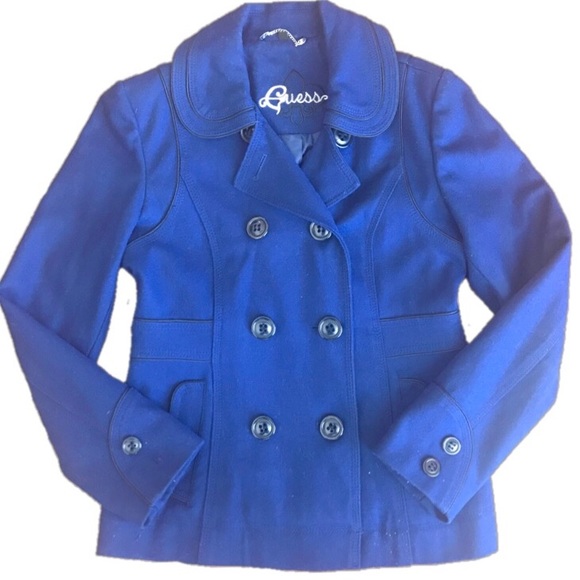 Guess Jackets & Blazers - Guess Double Breasted Blue Wool Peacoat Medium